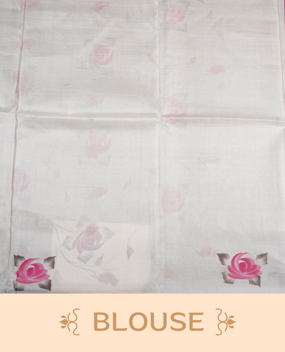 Cream colour  Pure tusser silk saree featuring multicolour floral hand print designs all over body without border, pallu, paired with matching blouse piece.