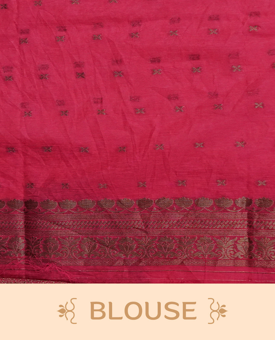 Pink  colour semi linen saree with elegant gold zari floral motifs across the body, complemented by a contrast colour with grand gold zari pallu and a borderless design, paired with a matching blouse piece.