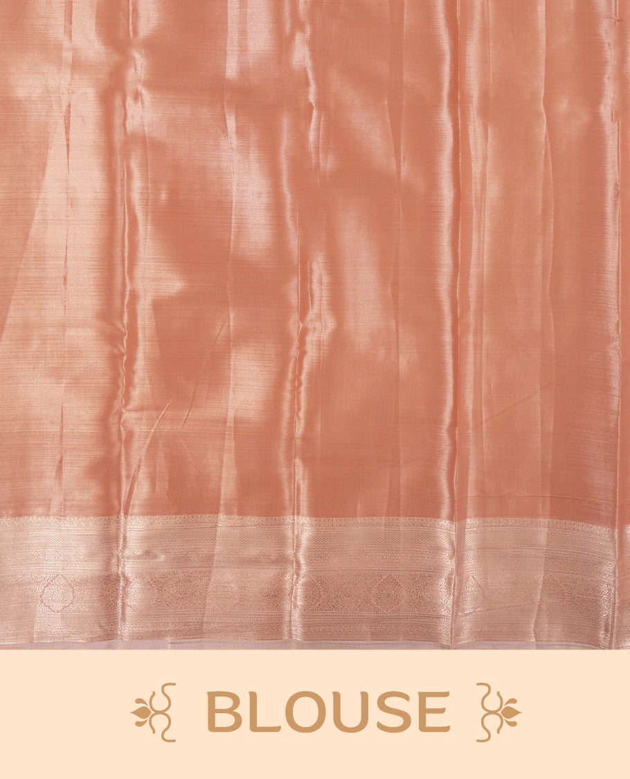Peach colour and rose gold Zari Tissue Brocade Saree features intricate Motifs on body and rose gold colour traditional border & pallu, paired with matching blouse