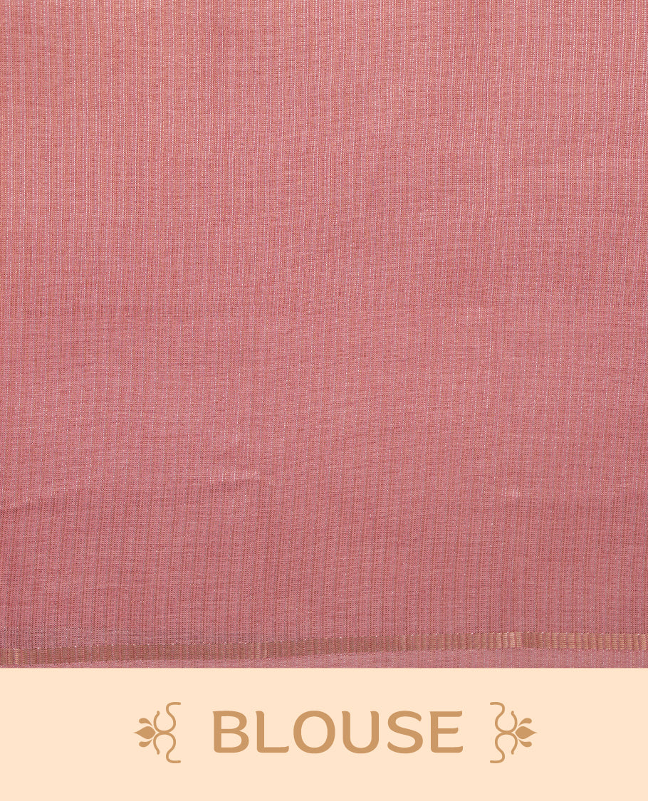 Pastel peach colour semi tussar silk saree highlights gold and silver zari stripes across body,  border, pallu and paired with matching blouse piece.