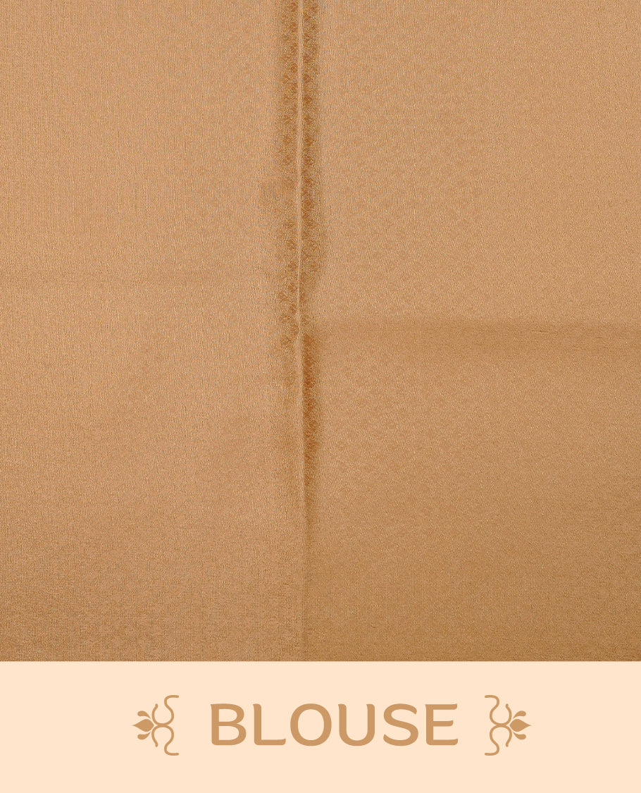 Golden beige colour Mulberry silk saree featuring gold zari motifs on body, complemented by contrast self colour with gold zari border, comes with matching blouse piece.
