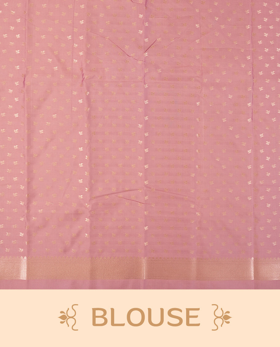 Dusty Rose Semi Silk Saree with Rose Gold Satin-Finish Pallu Featuring Bold Leaf Motifs, Geometric Zari Edging and Tassels, Paired with Coordinated Blouse Piece