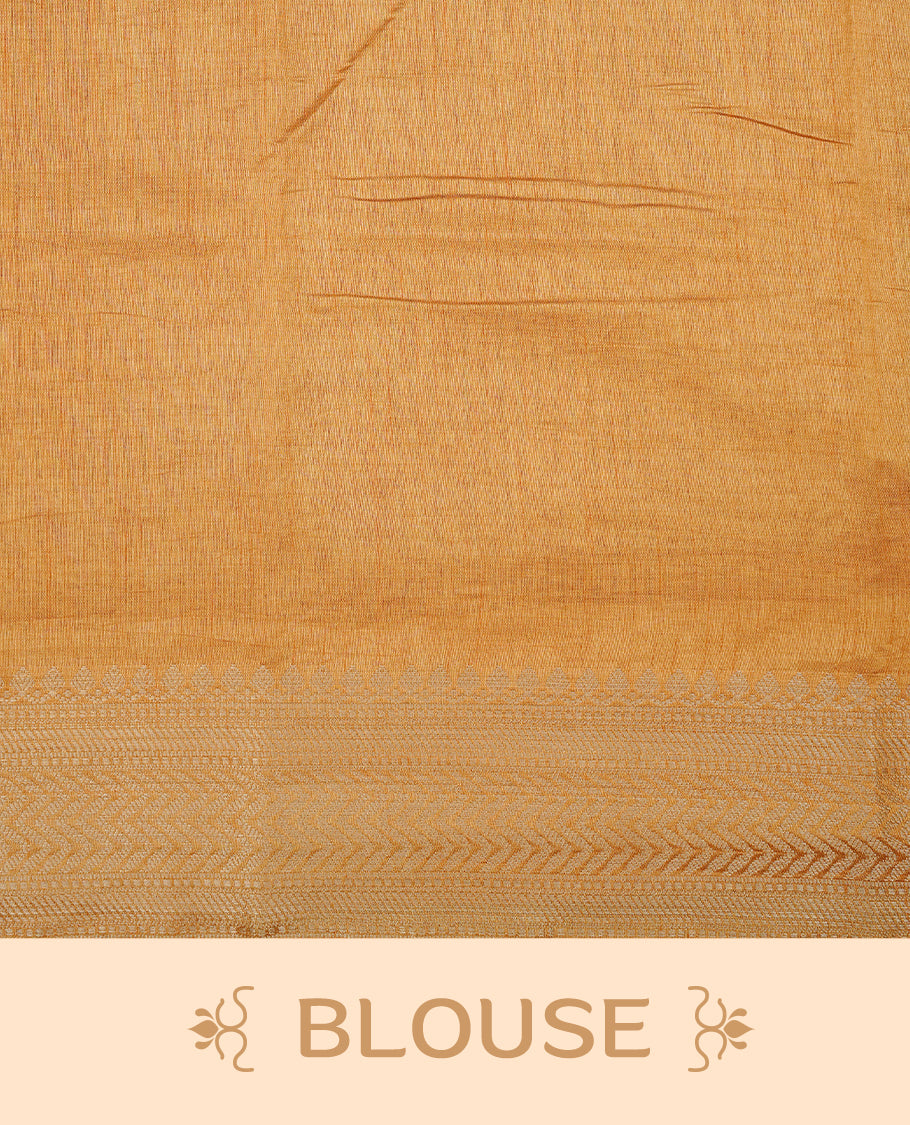 Cream colour Semi Tussar silk saree featuring an elegant plain body, accentuated by a contrast Mustard border adorned with intricate gold zigzag zari work, paired with a matching blouse piece.