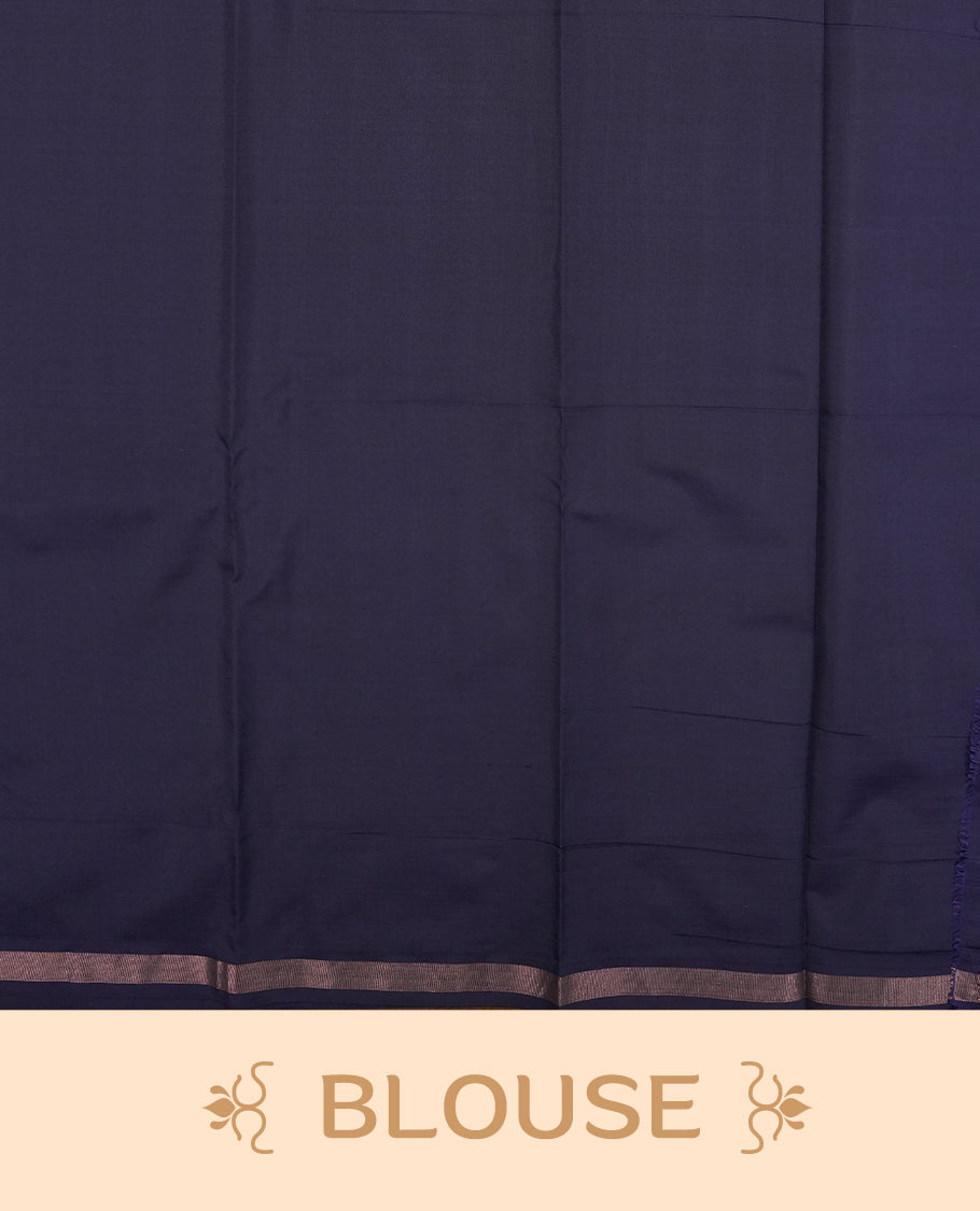 Navy blue colour semi soft silk saree featuring a gold short line patterned body, complemented by pallu & gold border and a matching blouse piece.