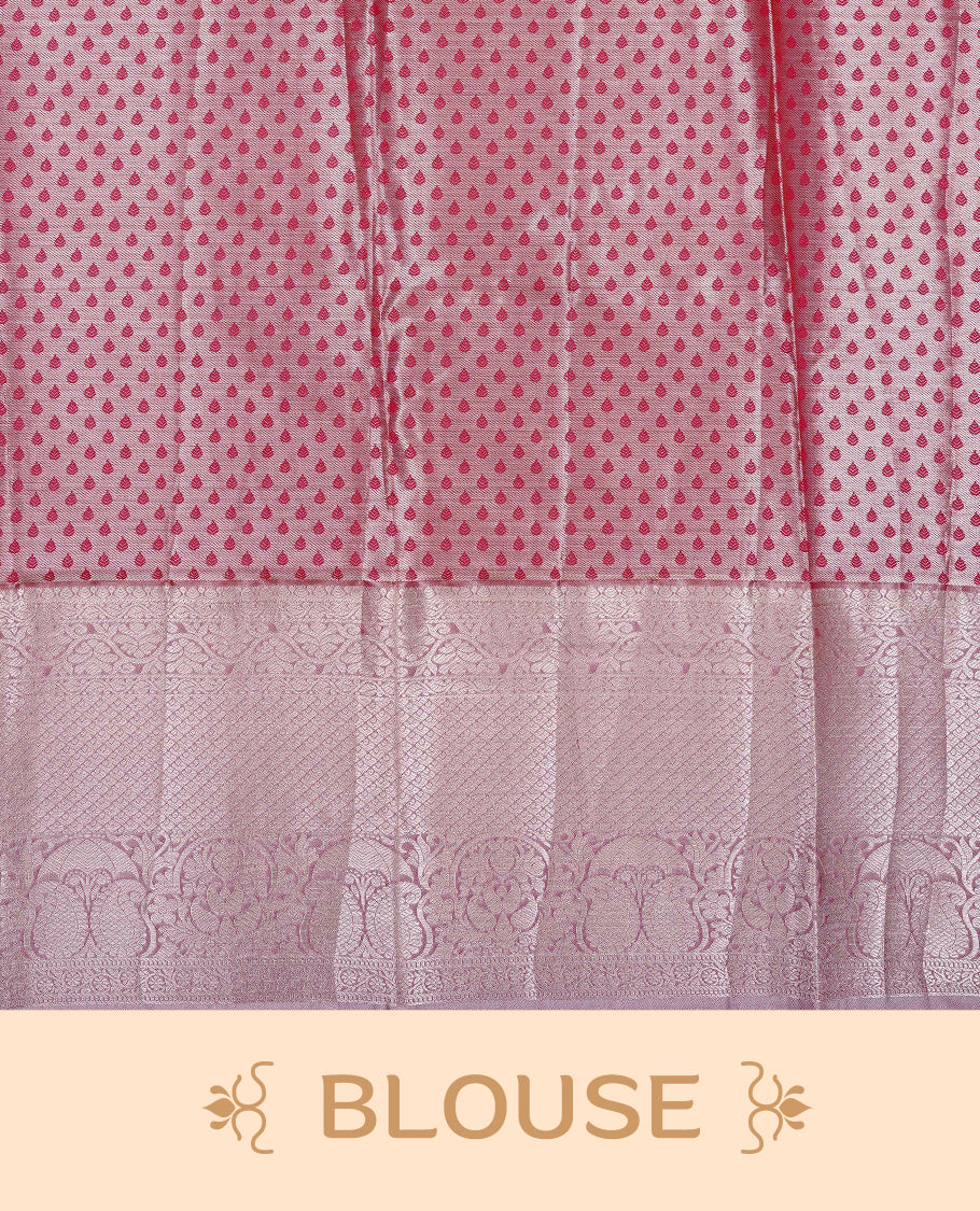 Red & Gold Double shade Semi Tissue Silk saree featuring Light gold Kodi pattern on body, complemented by Contrast Pink with gold zari border, paired with matching blouse piece.
