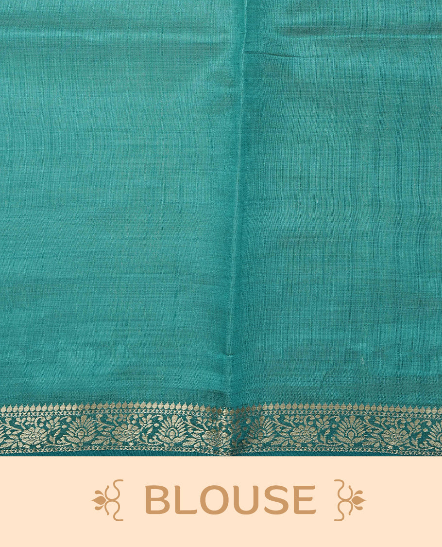 Light gold Colour Tussar saree featuring elegant plain body, complemented by contrast Teal colour with zari work border, comes with matching blouse piece.