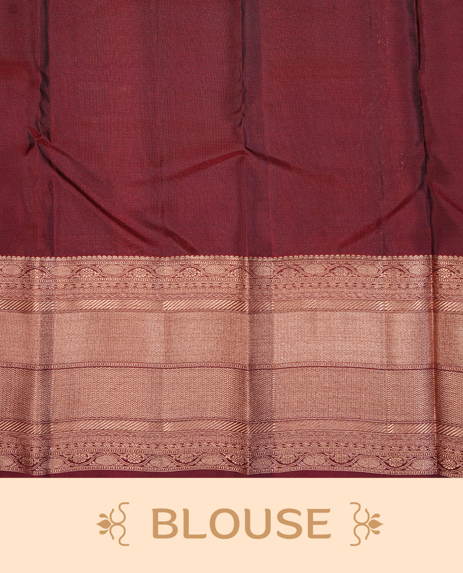 Green Colour Traditional Kancheepuram Silk Saree Featuring Gold Zari  Motifs on the Body, Complemented by a Contrast Maroon Colour Gold Zari Traditional Border and Pallu, Paired with a Matching Blouse .