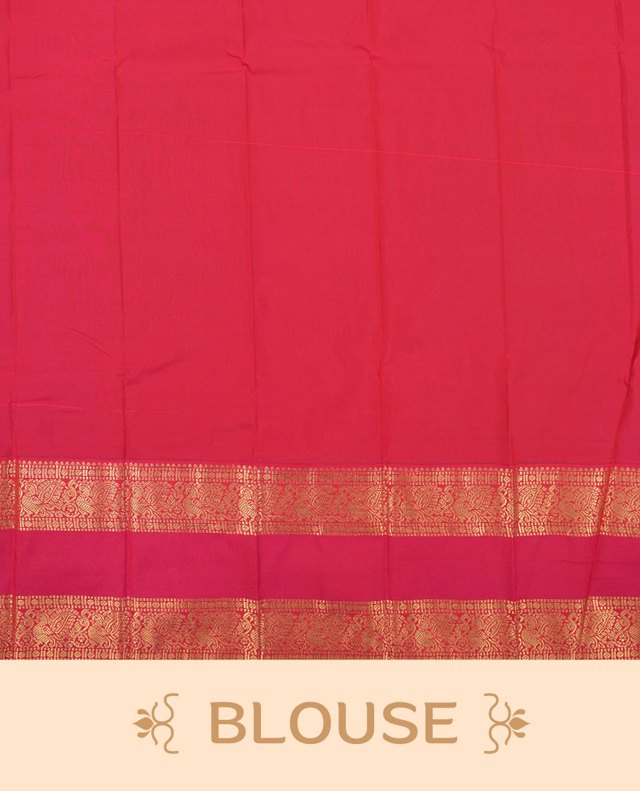 Teal Green Colour Semi Silk Saree with Self Textured Striped Body, Contrasting Coral Pink Golden Zari Pallu & Border, Traditional Paisley Motifs, and Matching Blouse Piece