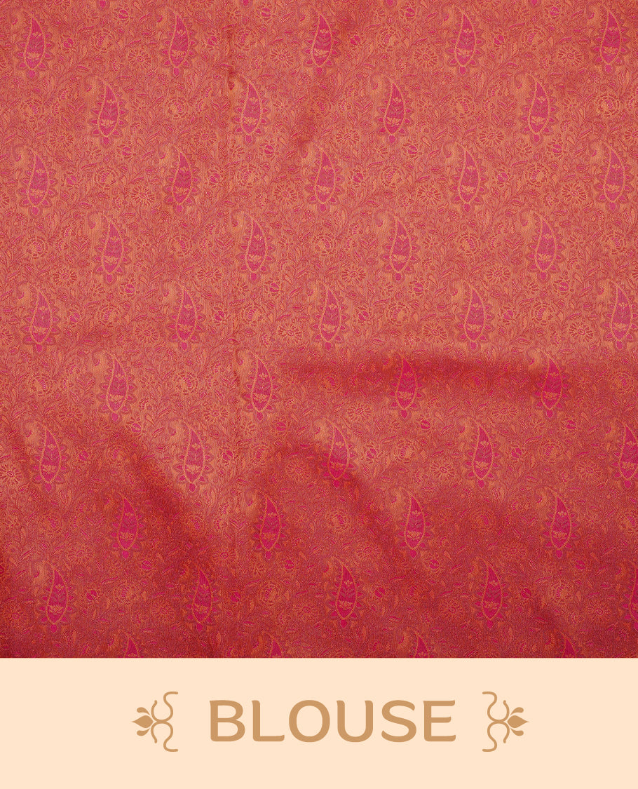 Rani pink colour Mulberry silk saree featuring gold zari Mango & floral kodi pattern across body, complemented by self colour border with gold zari work, comes with matching blouse piece.