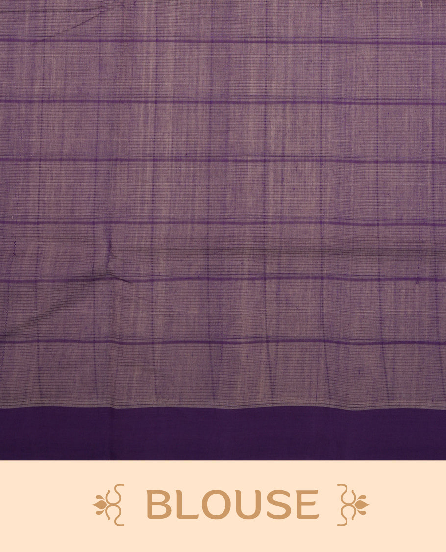 Off-white Mangalagiri cotton saree with delicate lavender checks, a contrast purple border & striped pallu. Paired with a matching blouse piece