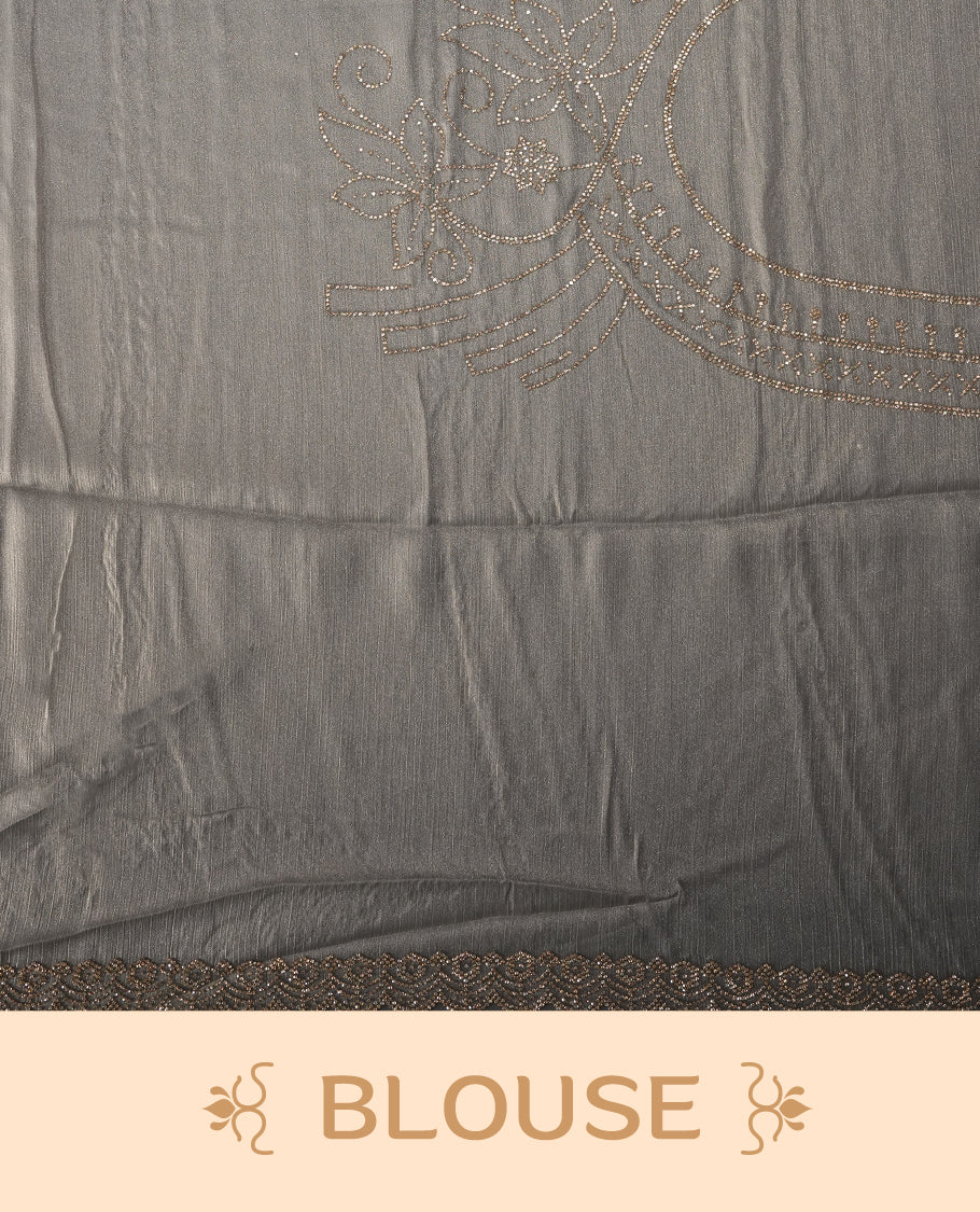 Gray silver Colour net shimmer fancy saree adorned with strip gold stone buttas all over the body, paired with a delicate stone worked border and matching blouse