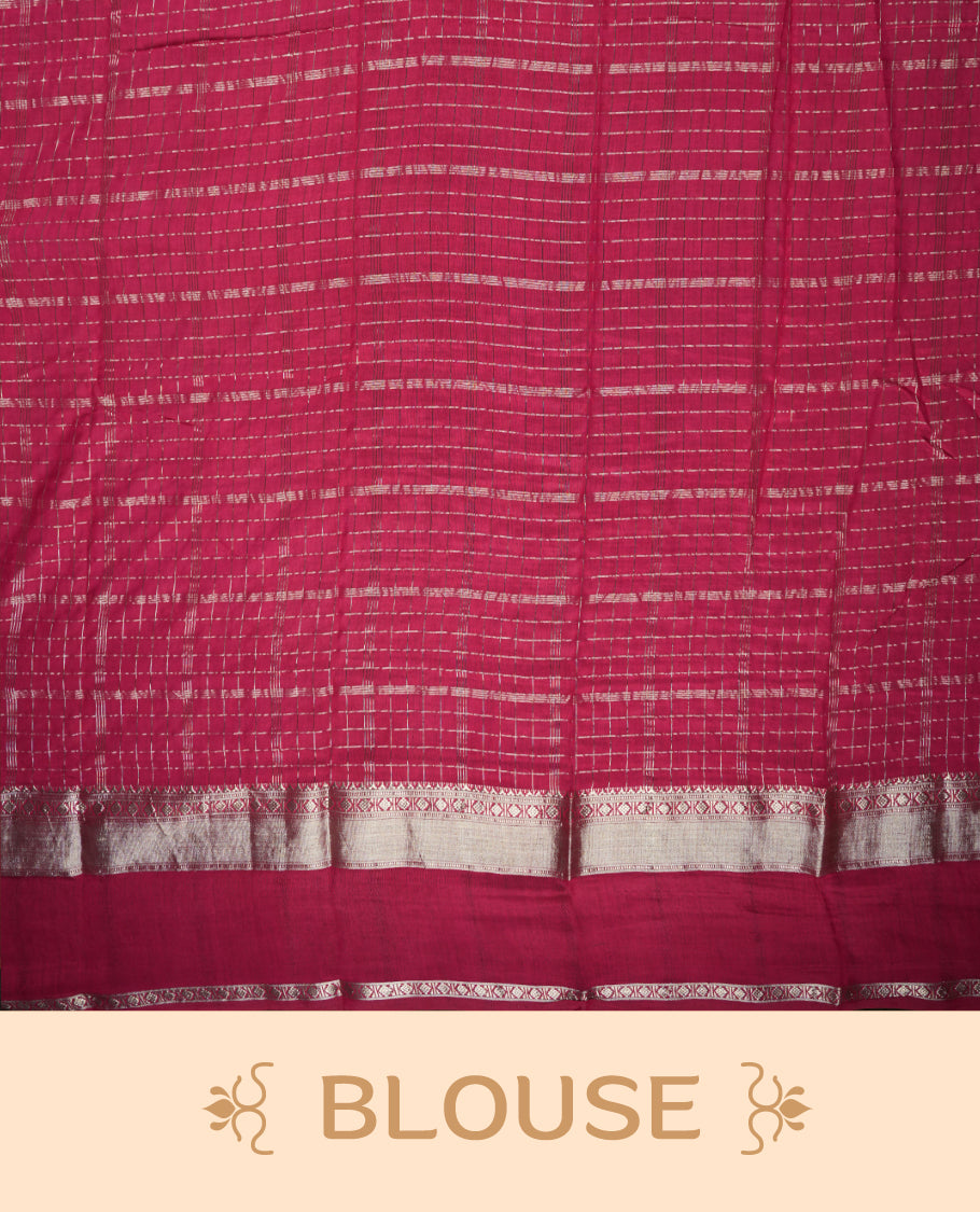 Coral orange colour mixed chanderi cotton saree with zari checkered body, rosegold zari border, magenta-pink pallu with zari checks, and matching magenta blouse.