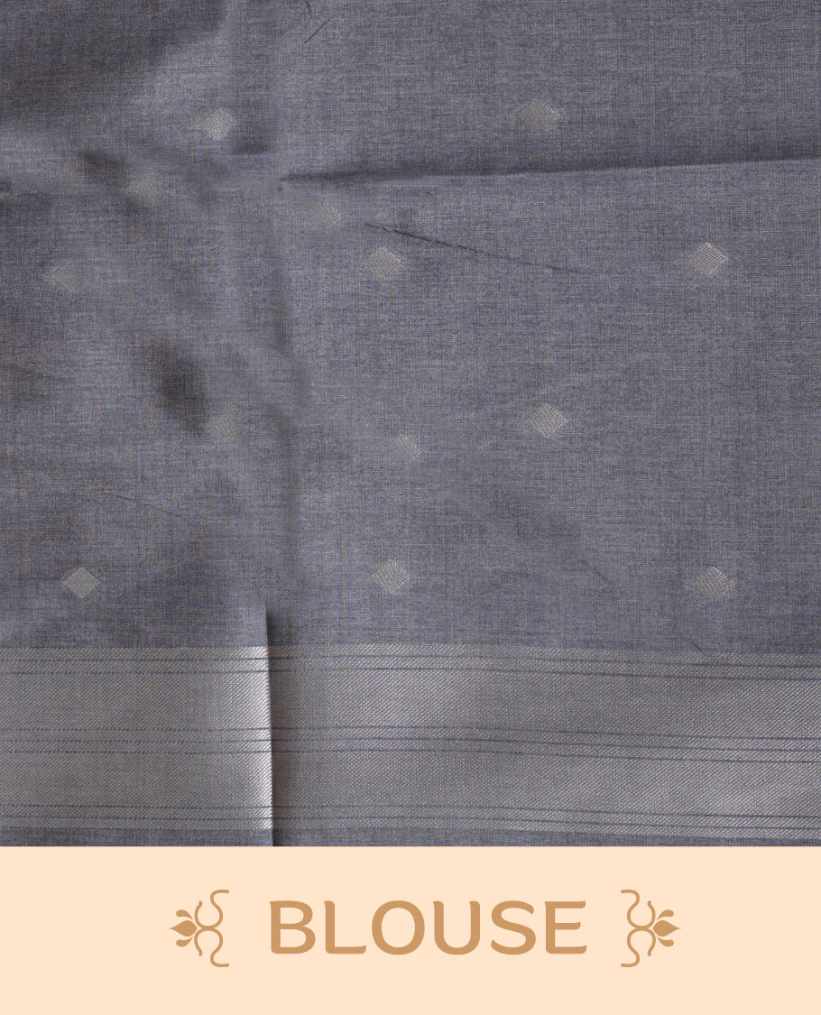 Brown and brown silver dual tone semi tussar saree featuring woven abstract geometric motifs on the body, complemented by a ikat inspired patterned pallu, paired with a matching blouse.