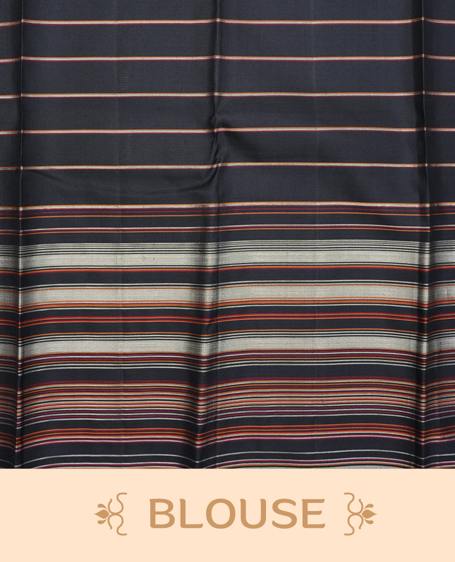 Black colour traditional kancheepuram silk saree featuring Check pattern on body, complemented by self colour with Strip border, comes with matching blouse piece.