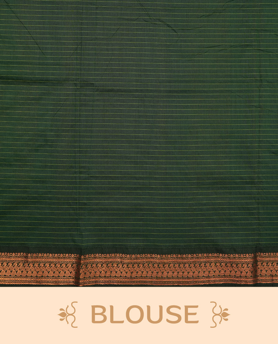 copper coloured mixed Kalyani cotton saree featuring copper zari checks on the body, complemented by a dark green coloured border and pallu adorned with copper zari patterns, Paired with a matching blouse.