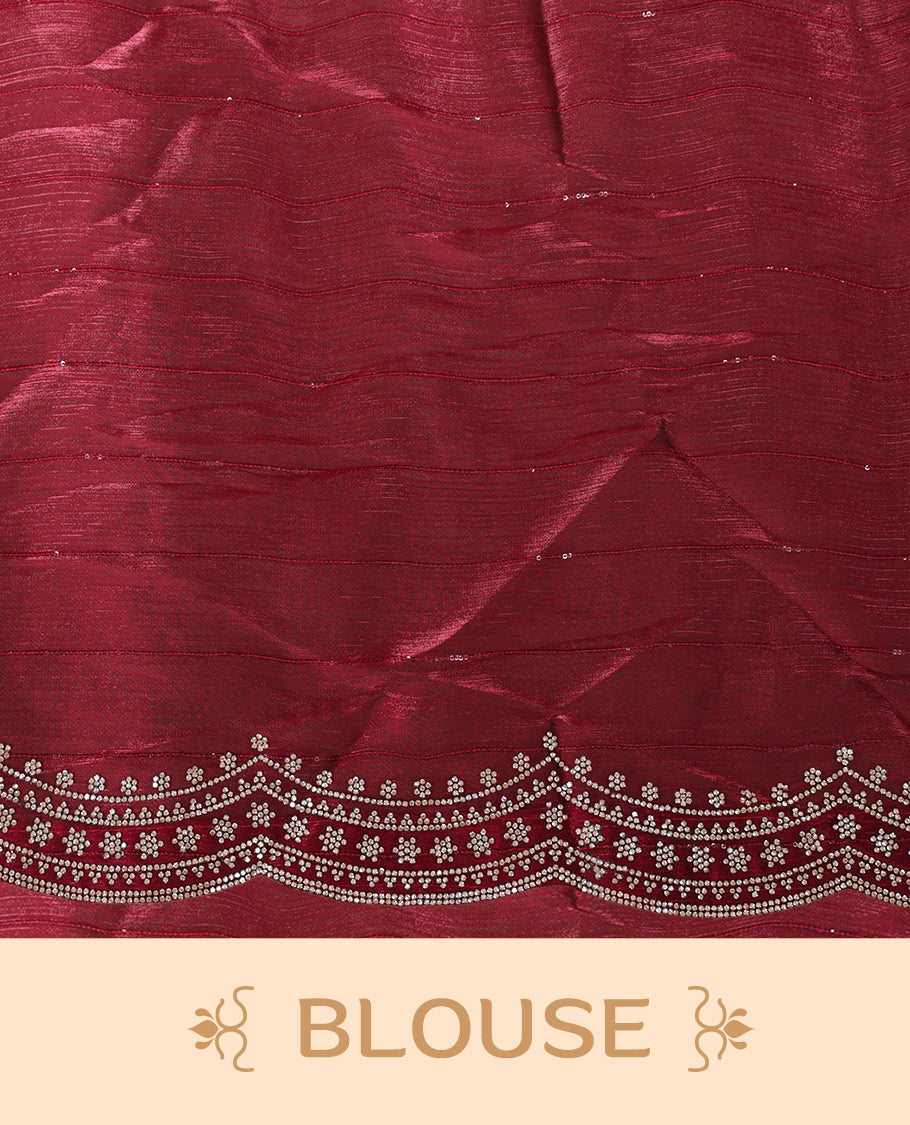 Burgundy colour chiffon designer saree, featuring self colour beats stripes on body, heavy gold stone patttern on border and  pallu, Paired with matching blouse.