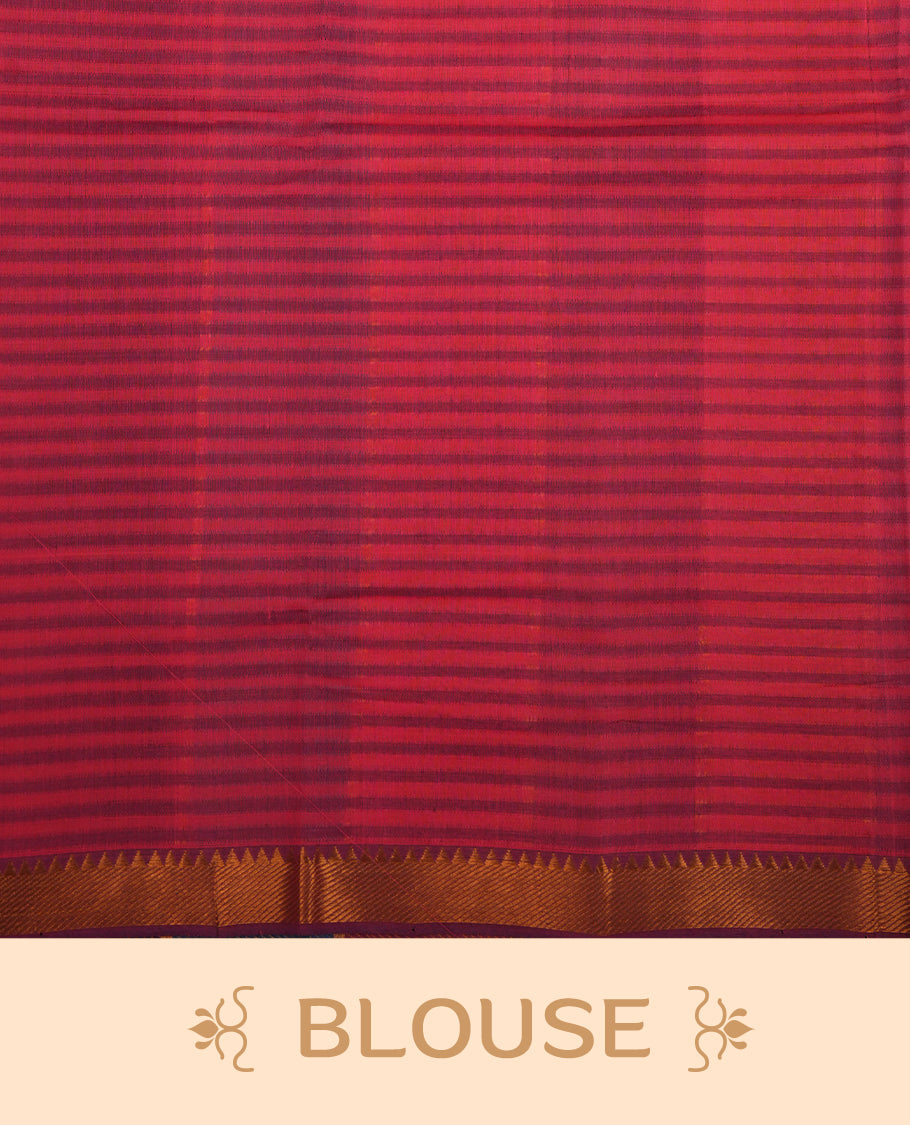 Purple and Onion Mangalagiri cotton saree featuring a subtle Striped  body, vibrant multicolour Onside Border & pallu, antique zari border. Comes with a matching blouse piece