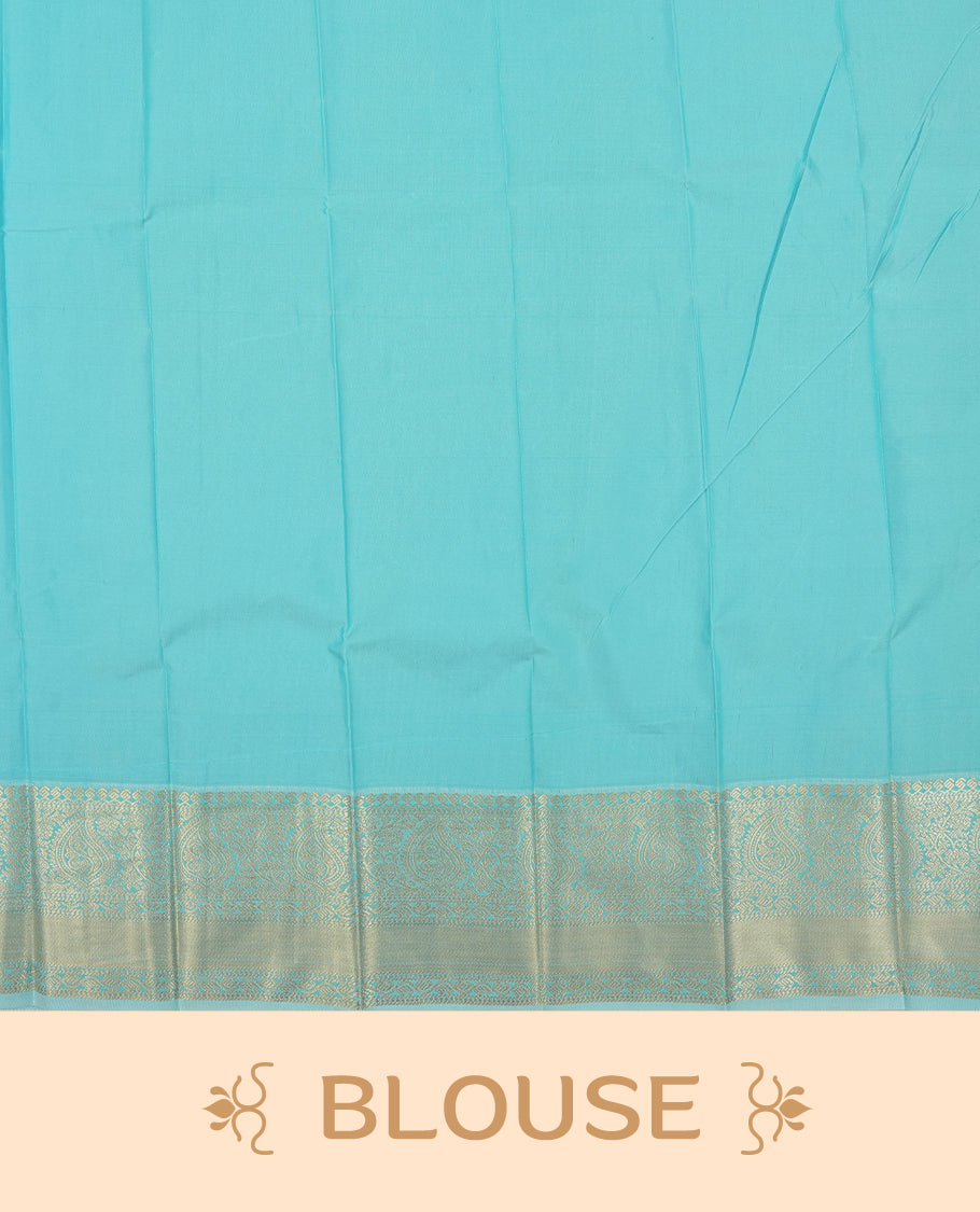 Yellow Semi Silk Saree featuring gold zari motifs on the body, contrasted with a light blue and gold zari pallu and border adorned with traditional motifs, paired with a matching blouse piece.