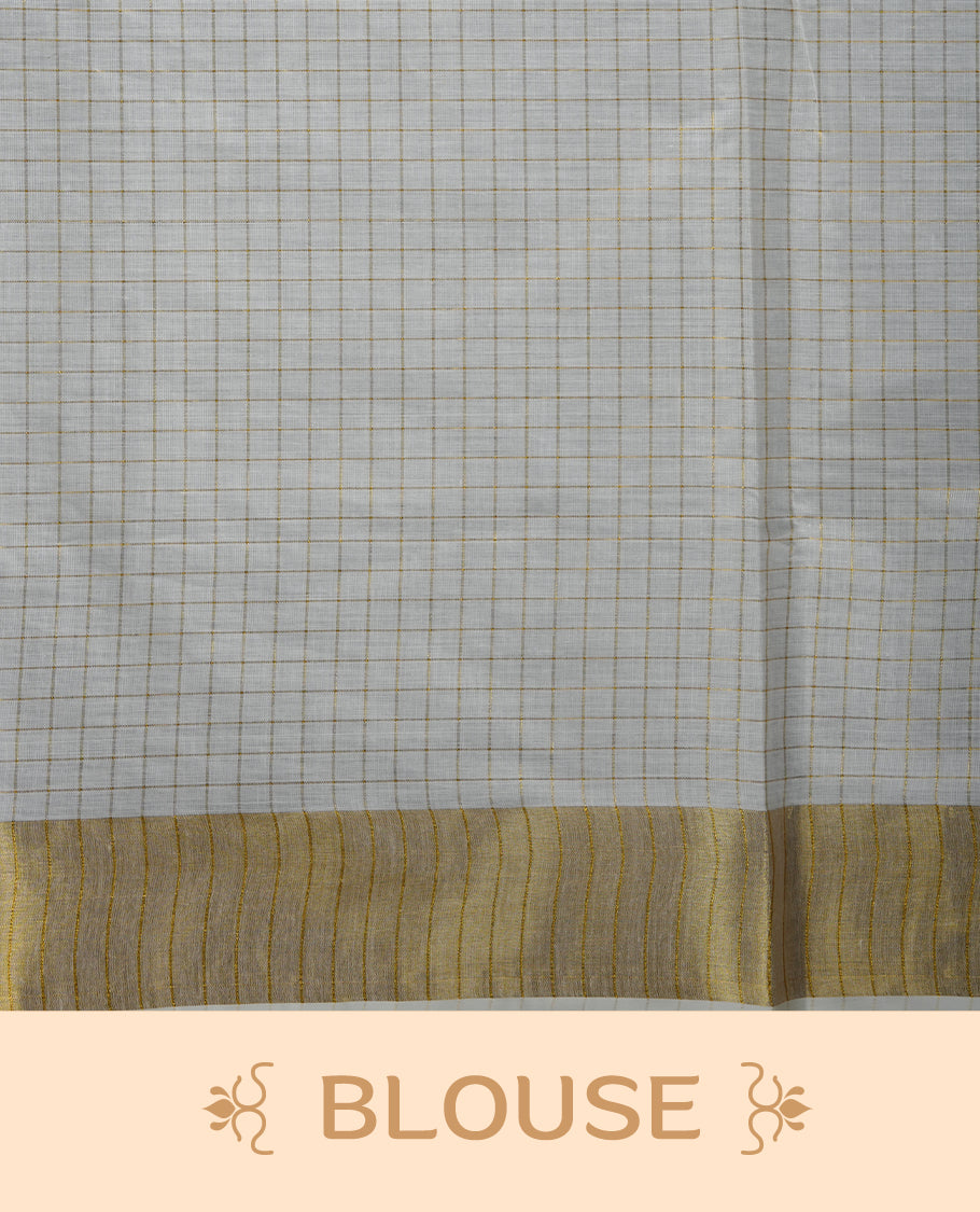 Off white colour cotton Kerala saree featuring a gold zari check pattern across body, a refined kasavu border with leaf print, paired with a matching blouse.