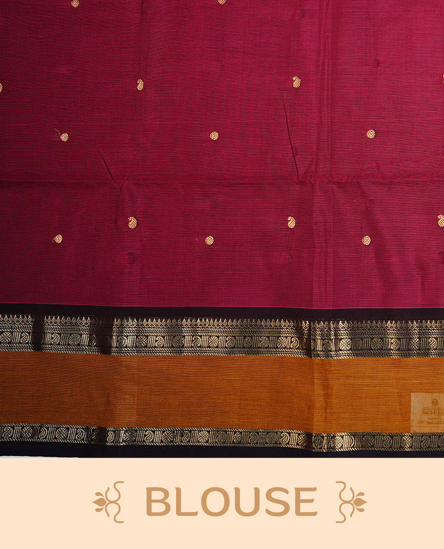 Dark Magenta  colour chettinad cotton saree featuring  Gold Motifs  on body, complemented by Contrast  Mustard Colour With Gold Zari border, paired with matching blouse piece.