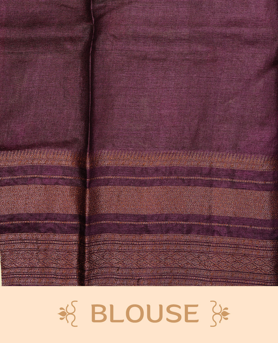 Olive Green colour Pure Banaras Tussar silk saree Featuring Gold zari buttas on body, complemented by Contrast Dark Brown colour with zari border, paired with matching blouse piece.