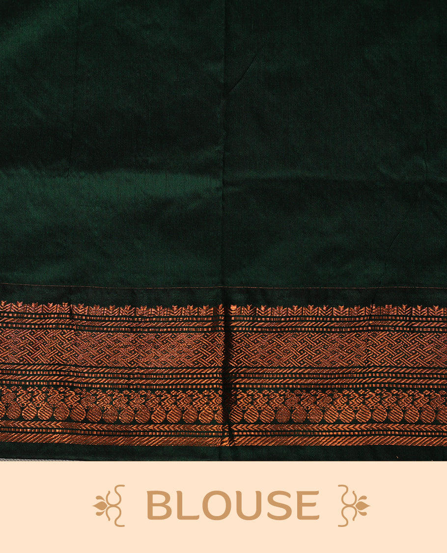 Magenta colour kalyani cotton saree featuring Antique zari check pattern on body, contrast Green colour border with antique zari pattern, paired with matching blouse piece.