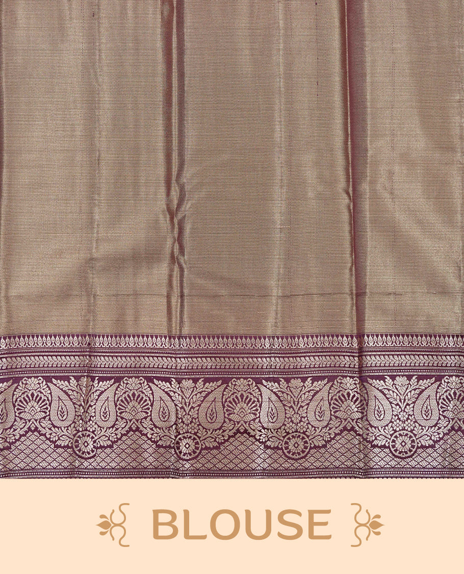 Gold & green double shade colour Semi tissue silk saree featuring Light gold zari kodi floral motifs on body, Contrast Purple colour with traditional border, paired with matching blouse piece.