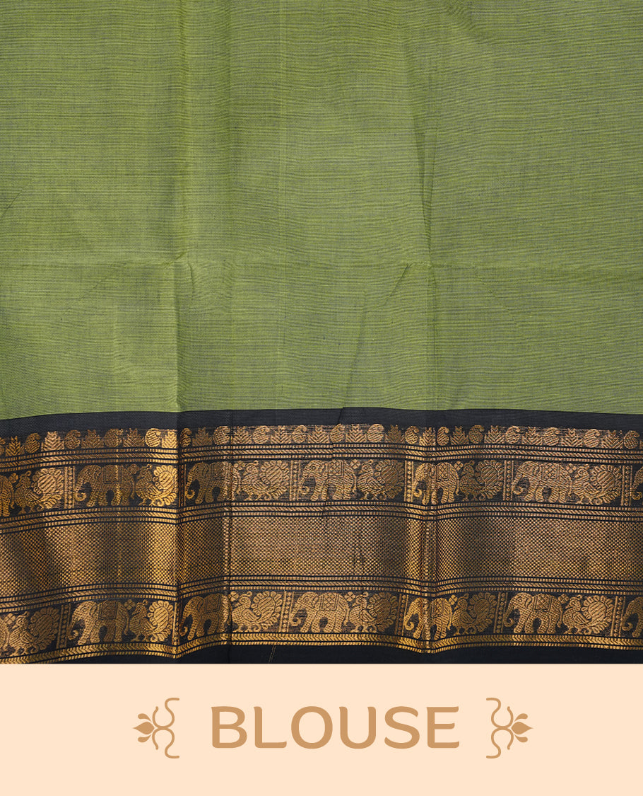 Green colour chettinad saree featuring gold zari motifs on body, complemented by contrast black colour with traditional border, paired with matching blouse piece.