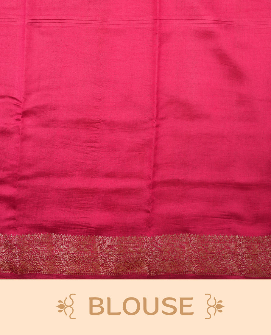 Mustard Colour Pure Banaras soft Silk Saree having gold floral motifs on Body with contrast Dark pink colour gold zari Border and matching Blouse