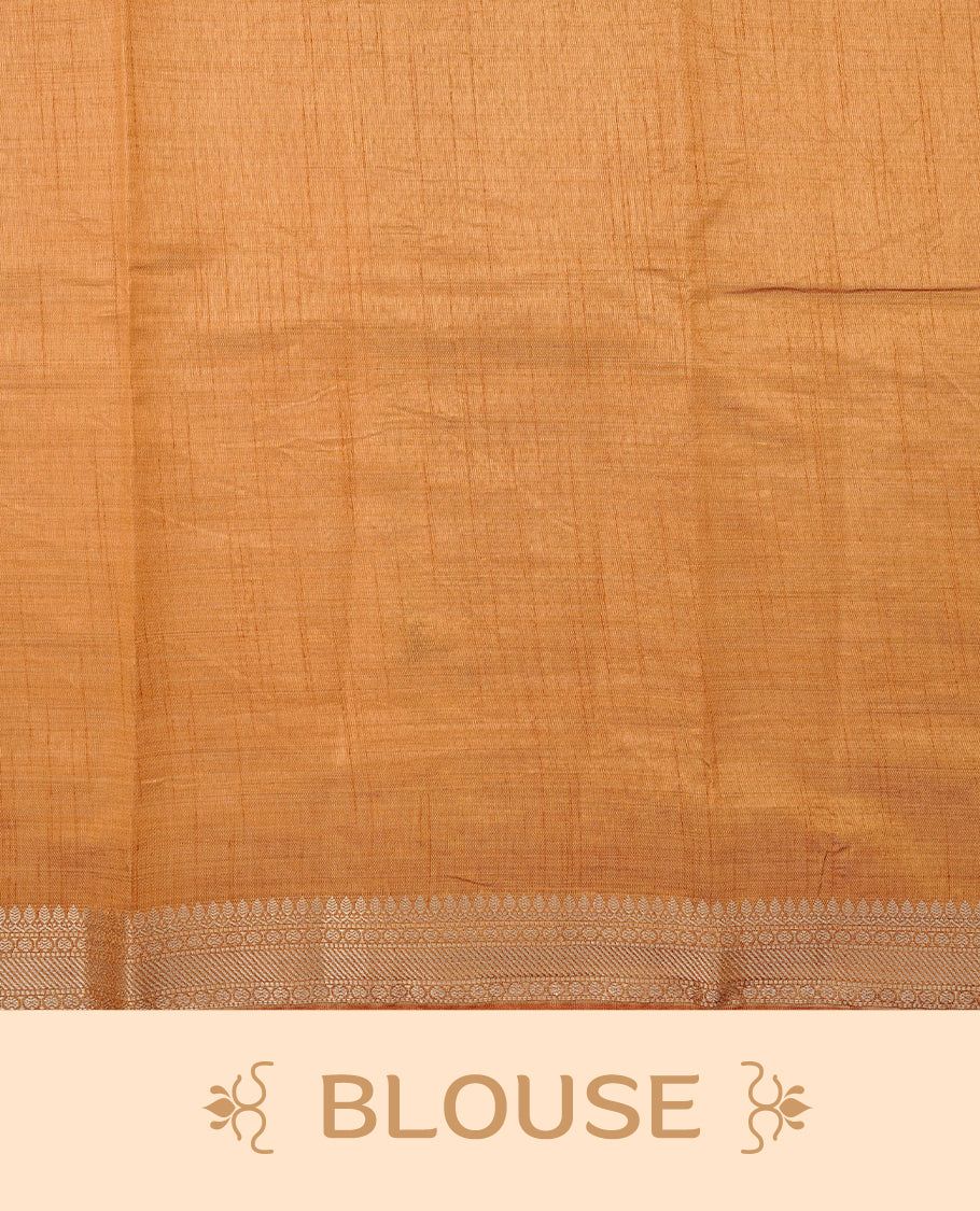 Light gold Colour Tussar saree featuring elegant plain body, complemented by contrast Mustard colour with zari work border, comes with matching blouse piece.
