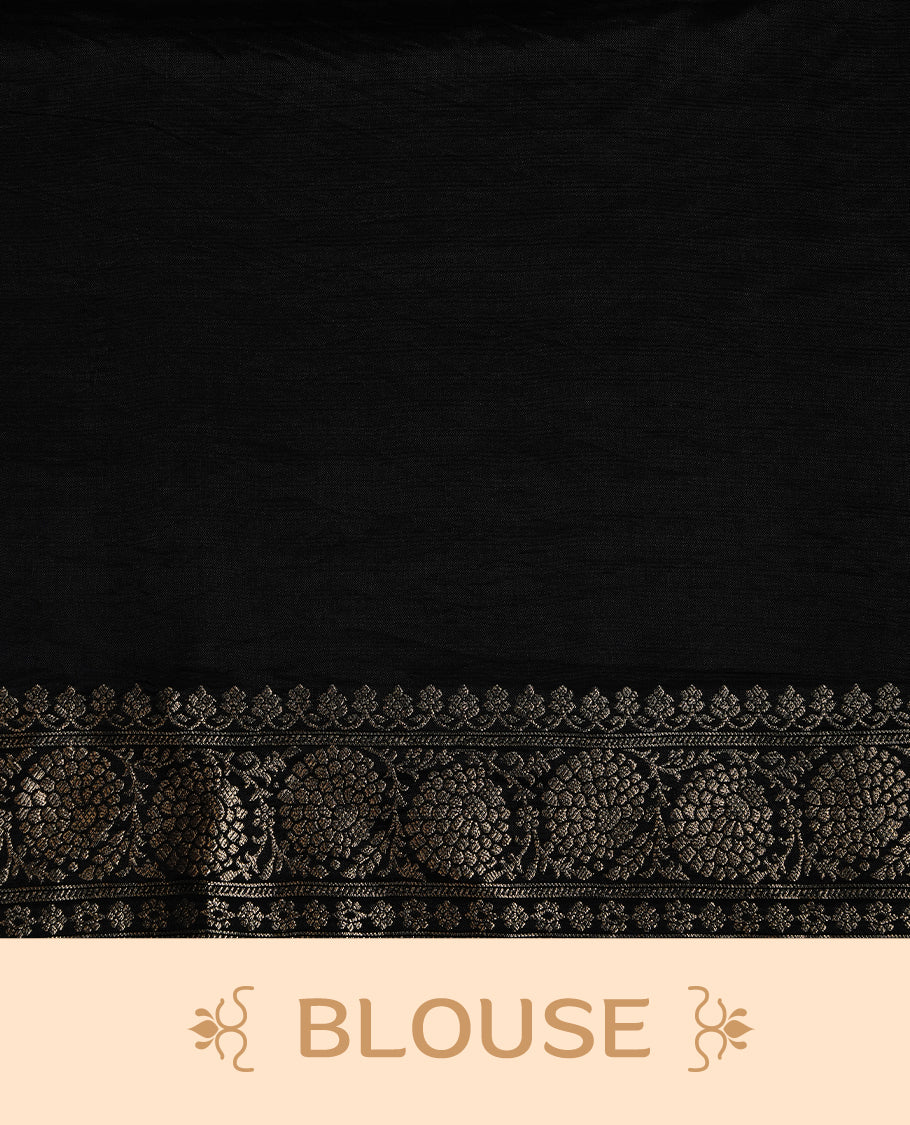 Black colour banaras crepe saree featuring gold & silver zari design stripes on body, complemented by self colour border, paired with matching blouse piece.