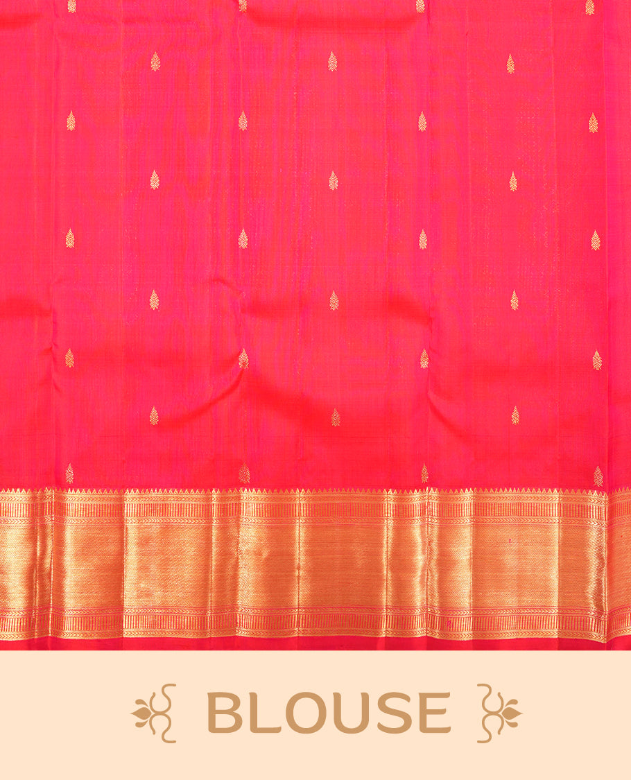Rani pink colour Kanchipuram Samudrika Silk Saree featuring Daimond pattern weaving with gold zari jacquard and a traditional zari border, paired with a matching designer jacquard blouse piece