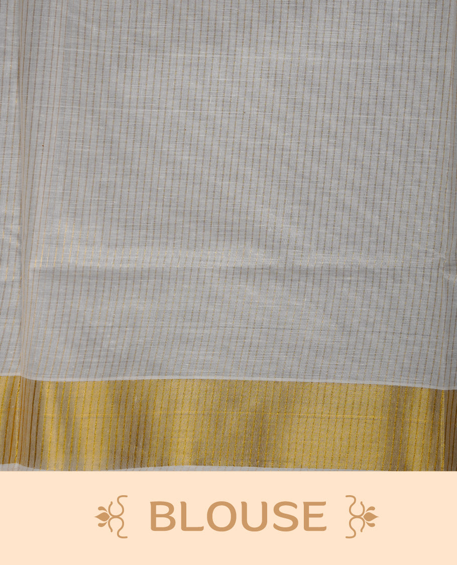 Off-white colour cotton Kerala saree featuring a traditional gold kasavu border with a fine striped texture across the body and pallu, offering a clean, elegant look, and paired with a matching blouse.
