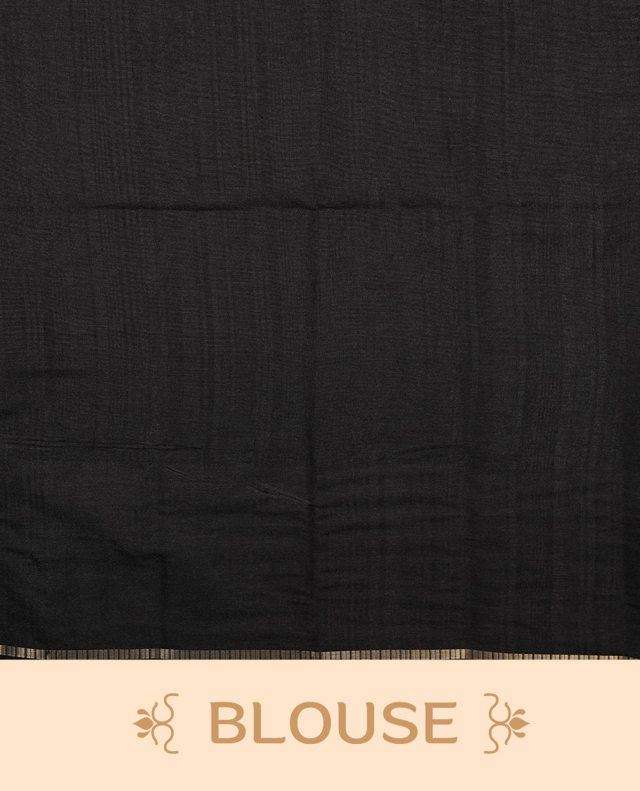 Black colour semi Tussar saree highlights gold zari check pattern across body,  border, pallu and paired with matching blouse piece.