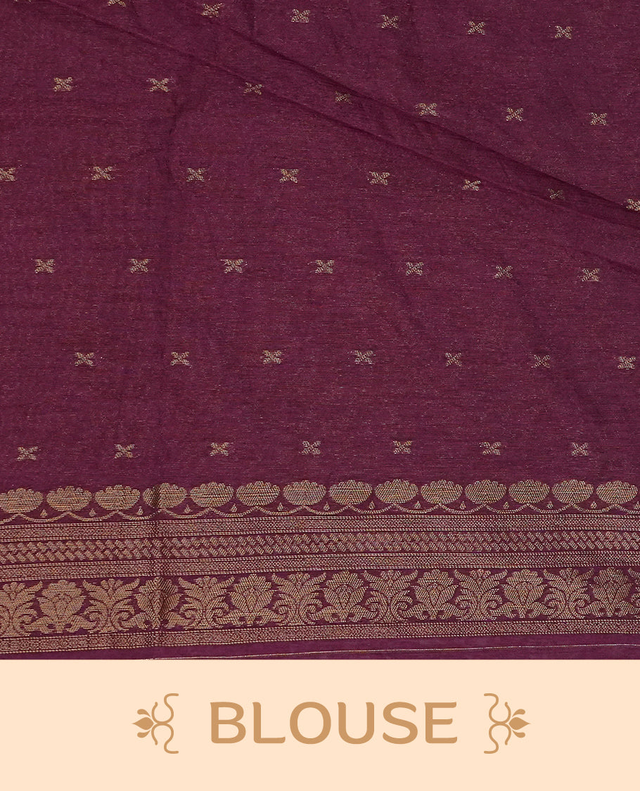 Deep Purple colour semi linen saree with elegant gold zari floral motifs across the body, complemented by a contrast colour with grand gold zari pallu and a borderless design, paired with a matching blouse piece.