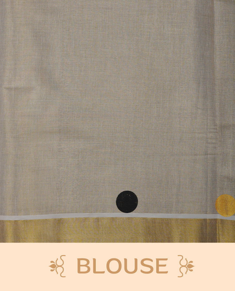 Off-white colour Tissue Kerala saree featuring playful black and gold polka buttas across the body, finished with a classic gold kasavu border and paired with a matching blouse.