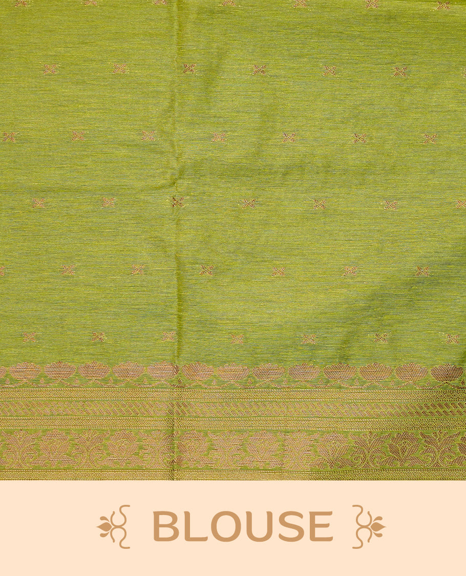 Light Green colour semi linen saree with elegant gold zari floral motifs across the body, complemented by a contrast  colour with grand gold zari pallu and a borderless design, paired with a matching blouse piece.