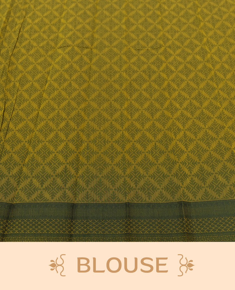 Olive green colour silk cotton saree featuring subtle woven motifs throughout the body, enhanced by a striking contrast border and an intricately designed pallu with floral patterns &  Comes with a matching blouse piece.