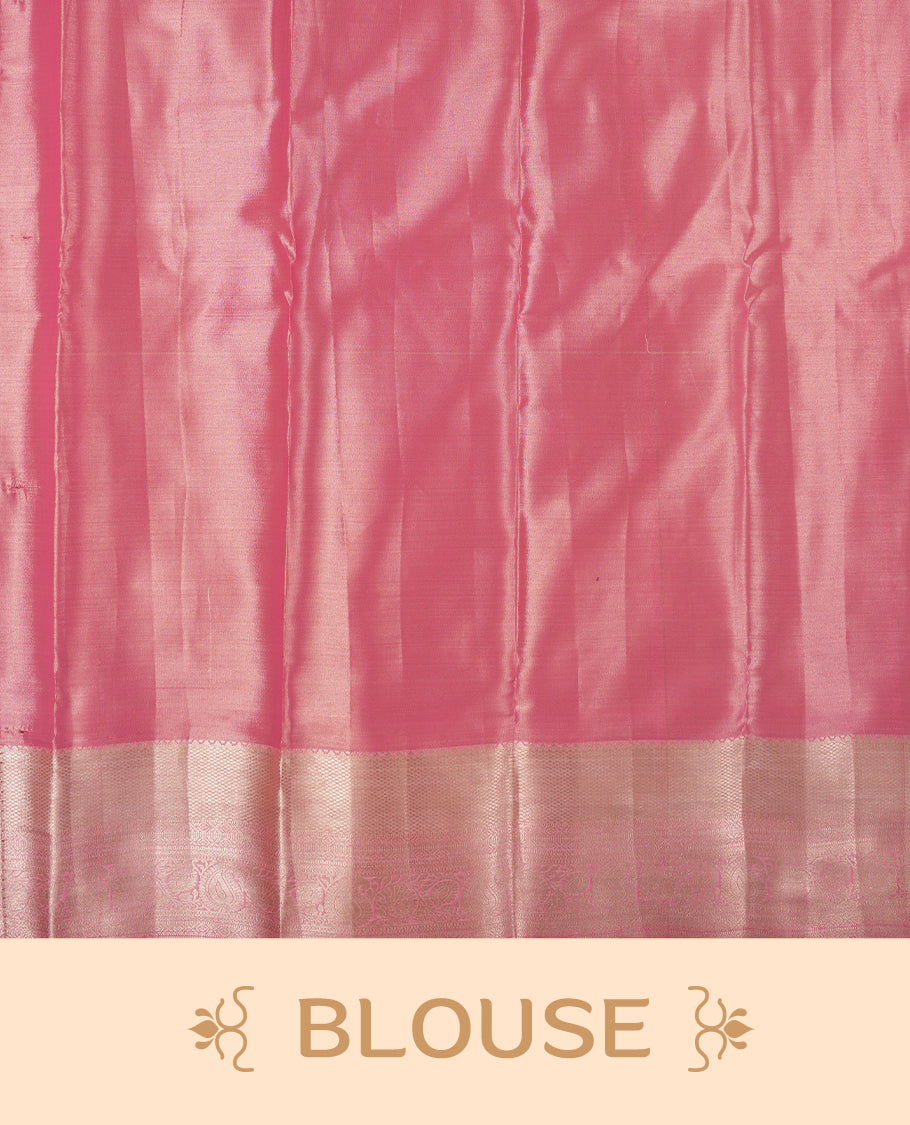 Light pink colour and gold Zari Tissue Brocade Saree features intricate Leaf Motifs on body and self coloured border & pallu, paired with matching blouse