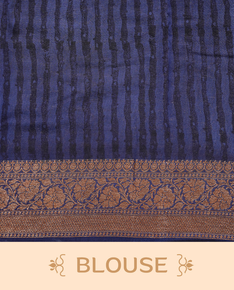 Beige Colour Chanderi silk saree featuring Block print on body, complemented by Contrast Dark Blue colour with Antique zari border, paired with matching blouse piece.