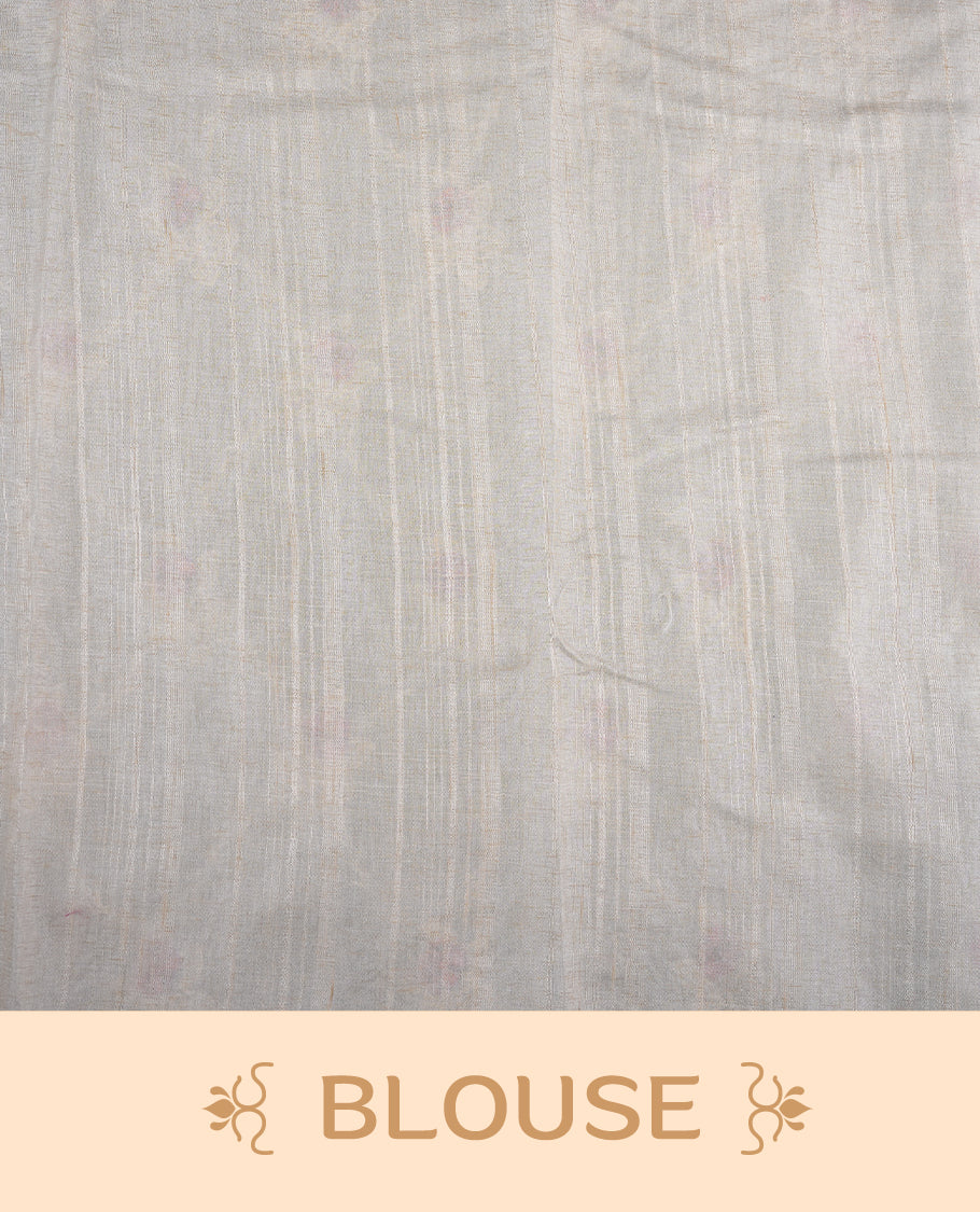 Cream colour semi tuseer silk saree featuring with Self colour thread embroidery kodi pattern & Pink colour floral thread motifs all over body, pallu, and paired with matching blouse piece.