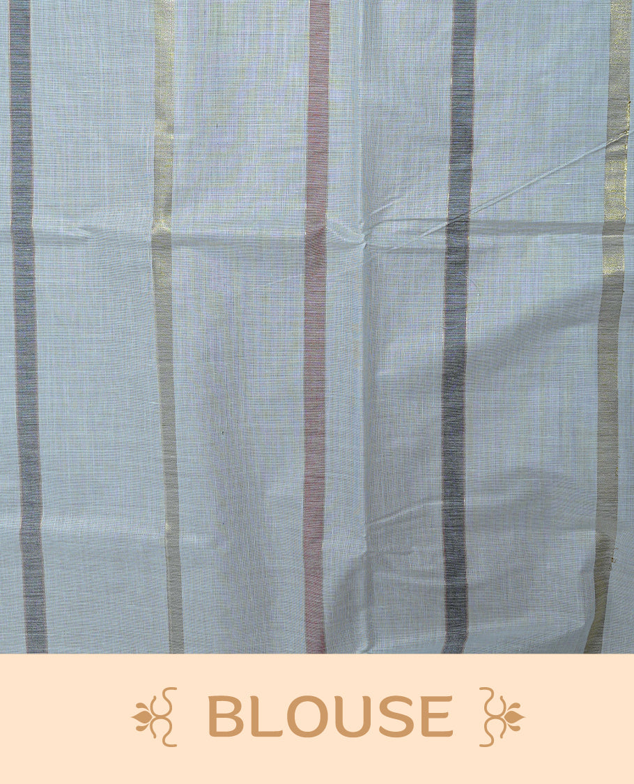 Cream Colour Cotton Kerala Saree Featuring Gray & Light Red Strips On The Body & Pallu, Paired With A Matching Blouse Piece.