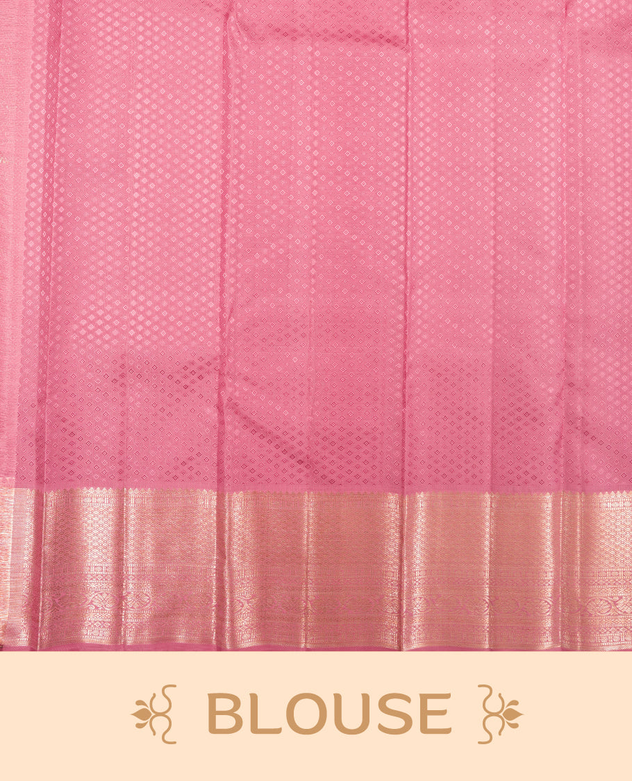Dusty Pink colour Kanchipuram Samudrika Silk Saree featuring Geometric pattern weaving with gold zari jacquard and a traditional zari border, paired with a matching designer jacquard blouse piece