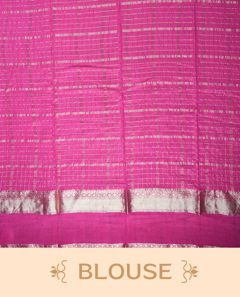 Navy blue colour mixed chanderi cotton saree with zari checkered body, rose gold zari border, magenta-pink pallu with checks, and matching magenta blouse.