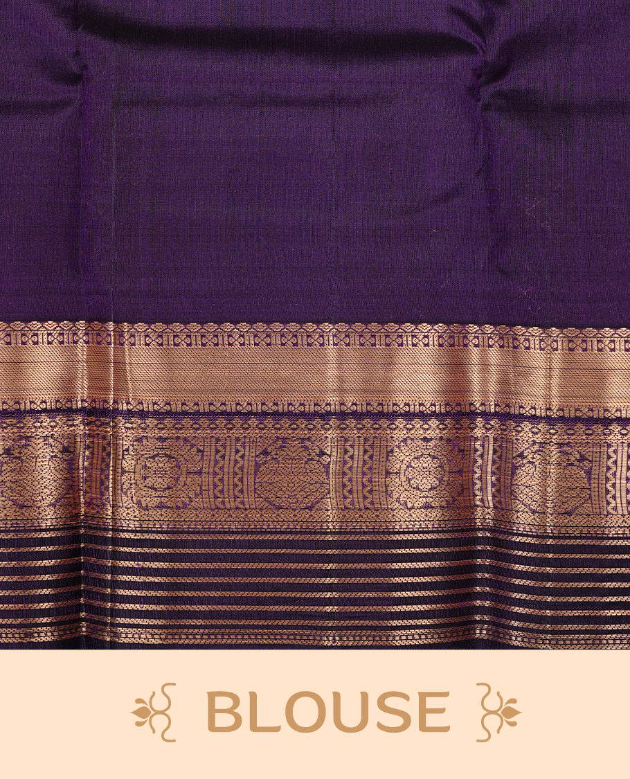 Cream colour Traditional Kancheepuram silk saree featuring gold zari motifs on body, enhanced with contrast purple with traditional border, paired with matching blouse piece.
