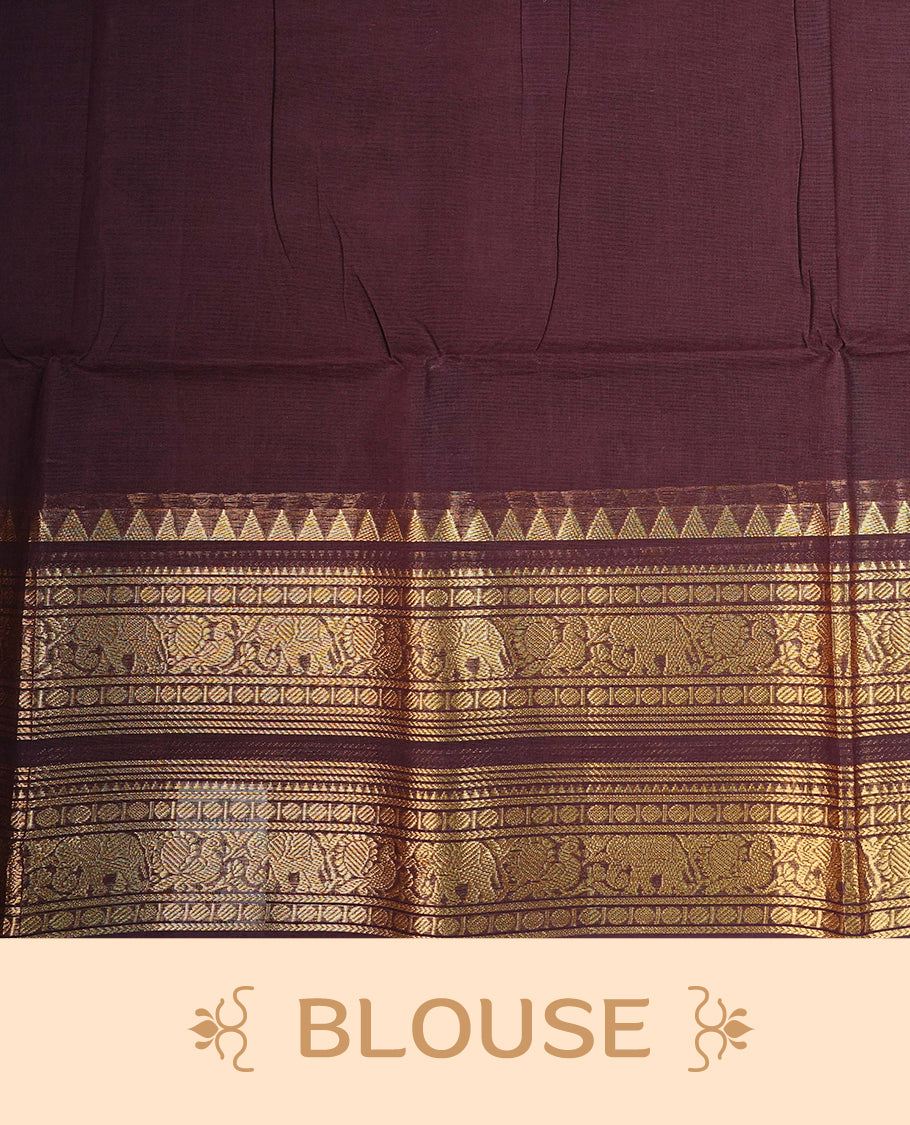 Dark Chocolate Brown  colour chettinad cotton saree featuring  Plain body, complemented by  Traditional Gold Zari border, paired with matching blouse piece.