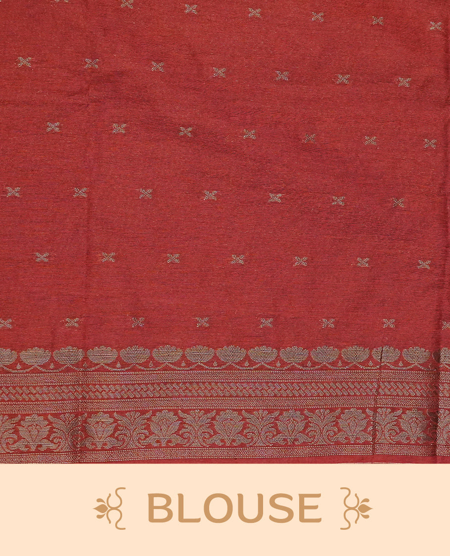 Dark Rust Brown  colour semi linen saree with elegant gold zari Floral motifs across the body, complemented by a contrast colour with grand gold zari pallu and a borderless design, paired with a matching blouse piece.