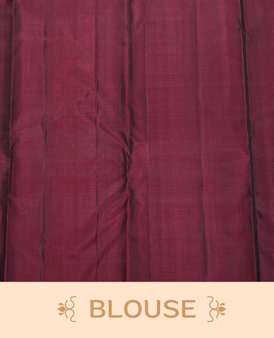 Wine Colour Traditional Kancheepuram Silk Saree Featuring Light Gold  Zari Triangle  Motifs on the Body, Designed Without a Border and with a Grand Pallu, Paired with a Matching Blouse.