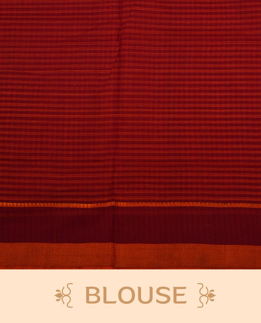 Orange  Mangalagiri cotton saree featuring elegant Maroon Checks  Pattern On Body, Complemented by Contrast Striped Pattern , Gold  zari border & Contrast  pallu, Paired With a matching blouse piece.