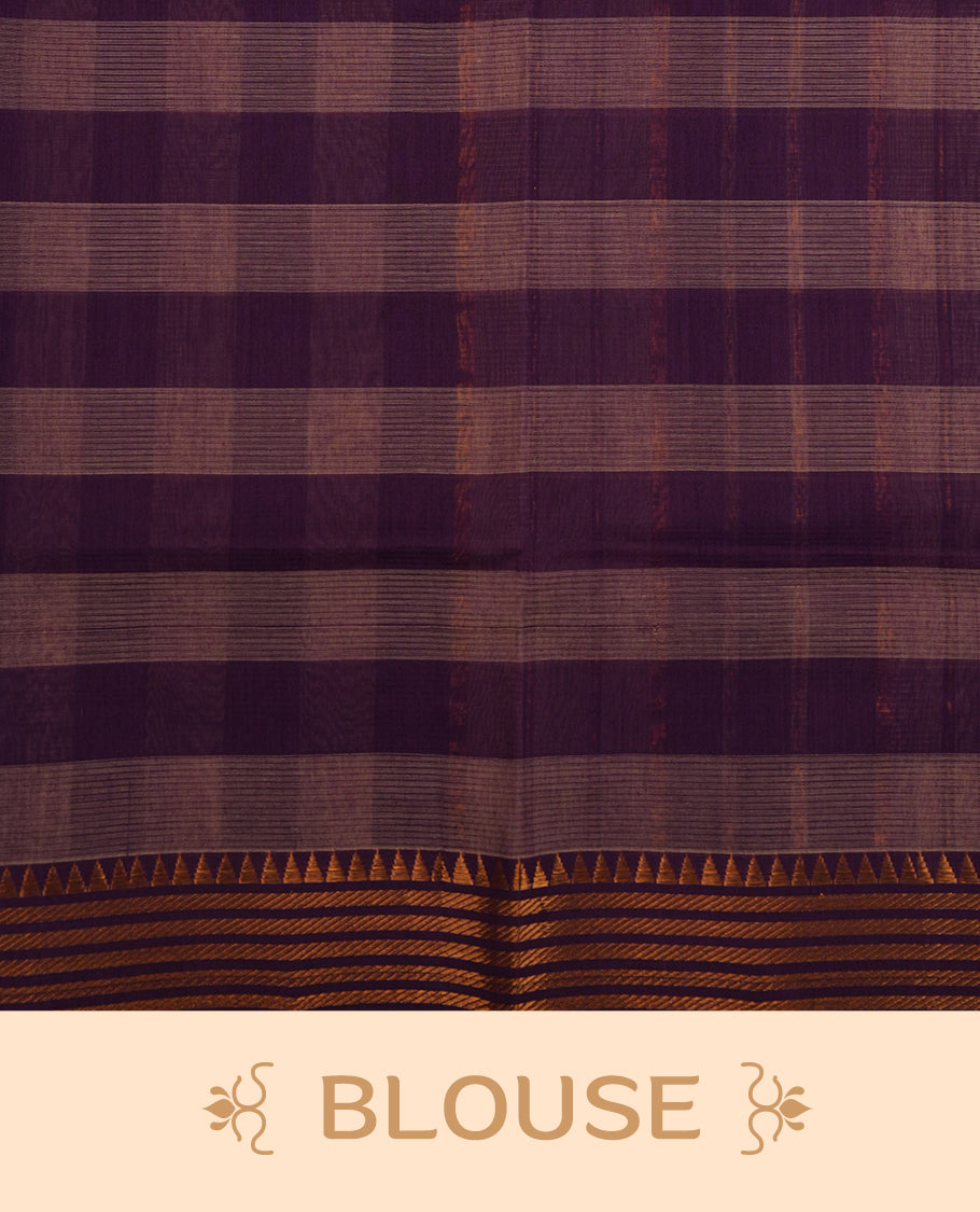 Purple and off-white checked Mangalagiri cotton saree with an elegant antique zari border and contrast pallu. Comes with a matching blouse piece